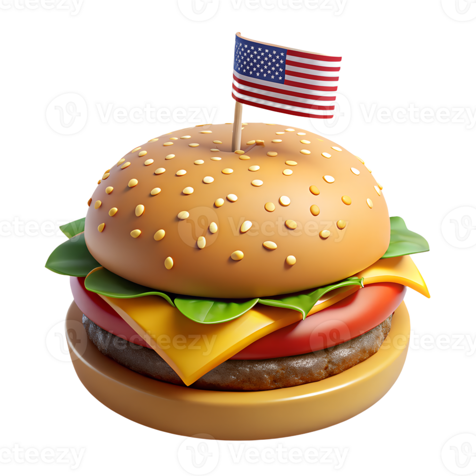 Cheeseburger with mini usa flag, juicy beef and melted cheese, holiday snack, independence day food png