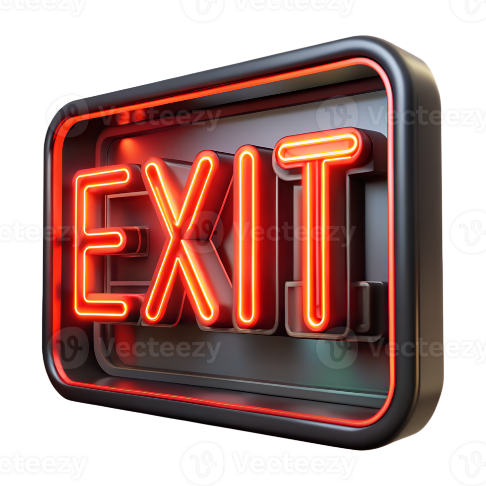 3d neon exit sign for emergency evacuation, glowing red safety symbol png