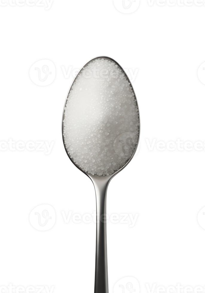 Spoonful of granulated sugar isolated, sparkling white crystals close-up png