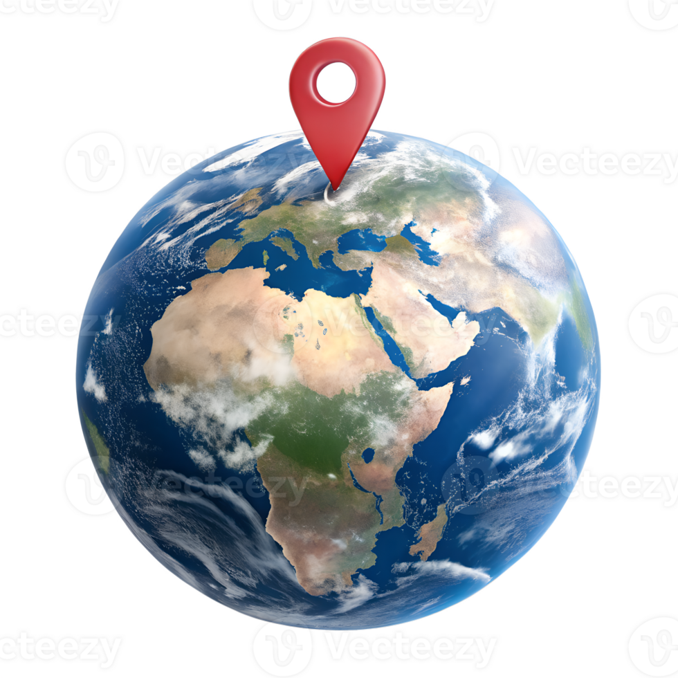World map globe with bold red location pin, navigation and destination symbol png