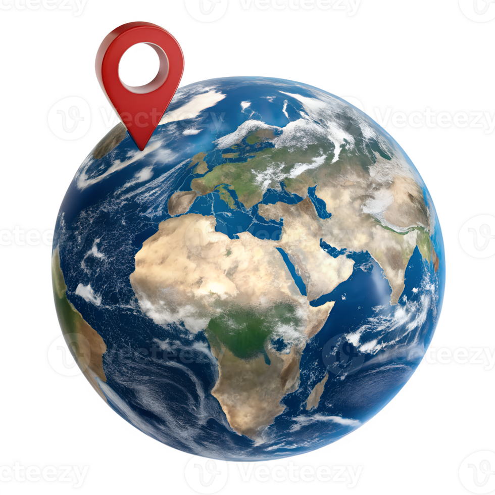 Earth globe with red location pin, world map marker for travel or business concepts png