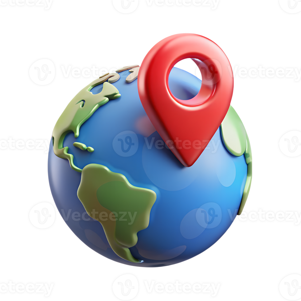 3d globe with red pin, geographic marker isolated on transparent background png