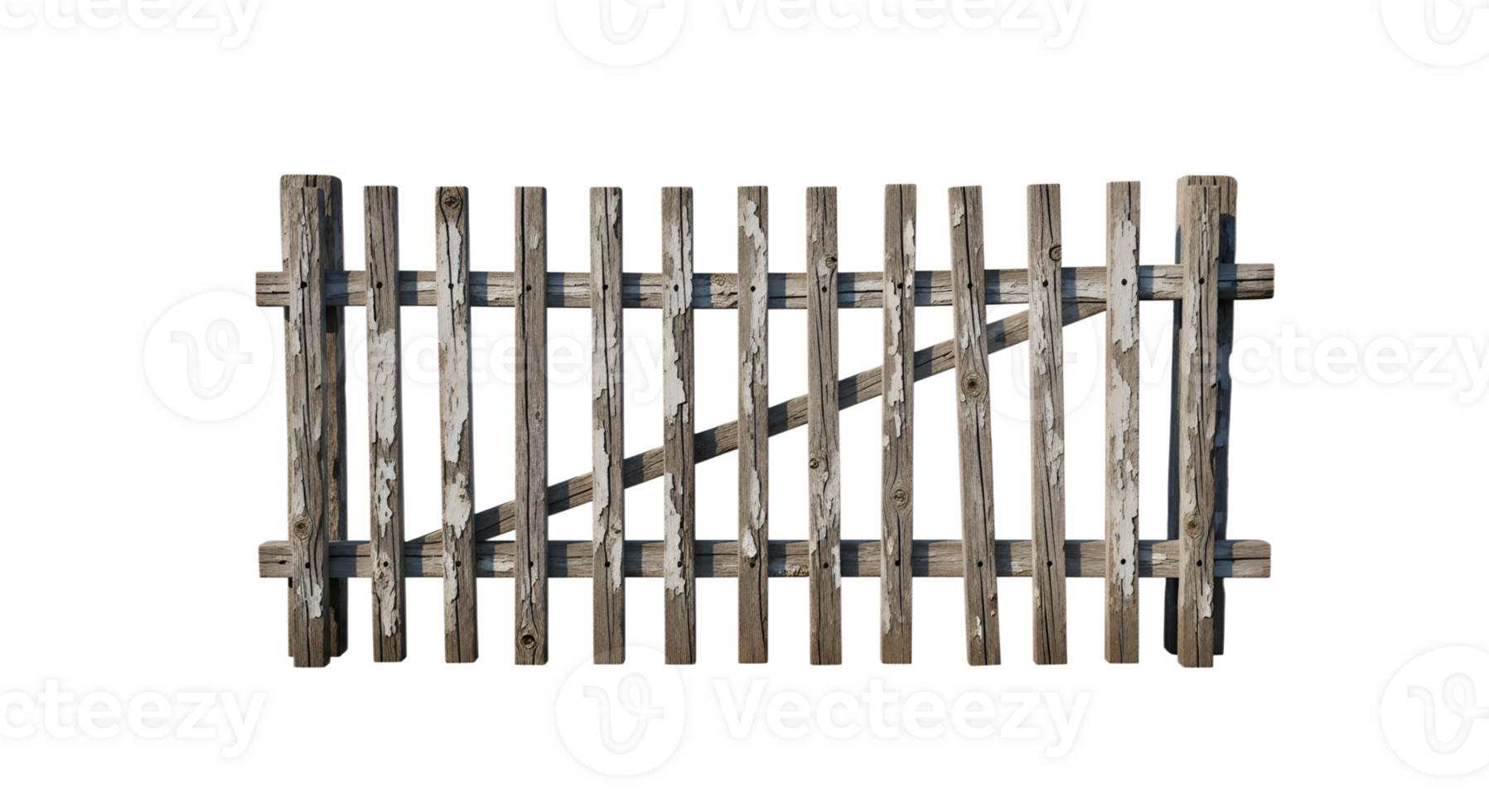Old wooden fence with chipped paint, country-style backdrop, high resolution png