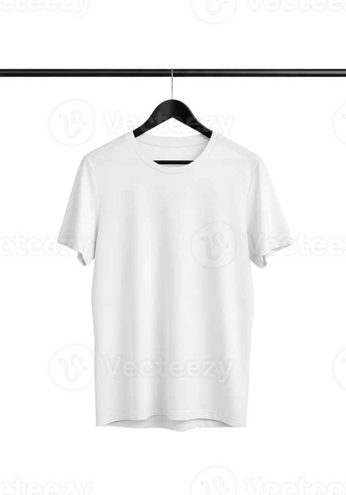 Basic white t-shirt hanging on plastic hanger, front view, minimalist clothing display png