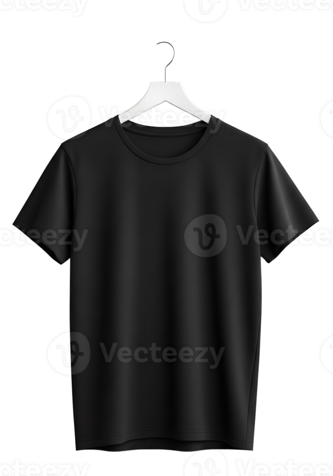 Black t-shirt on a hanger isolated, plain cotton apparel against transparent background png