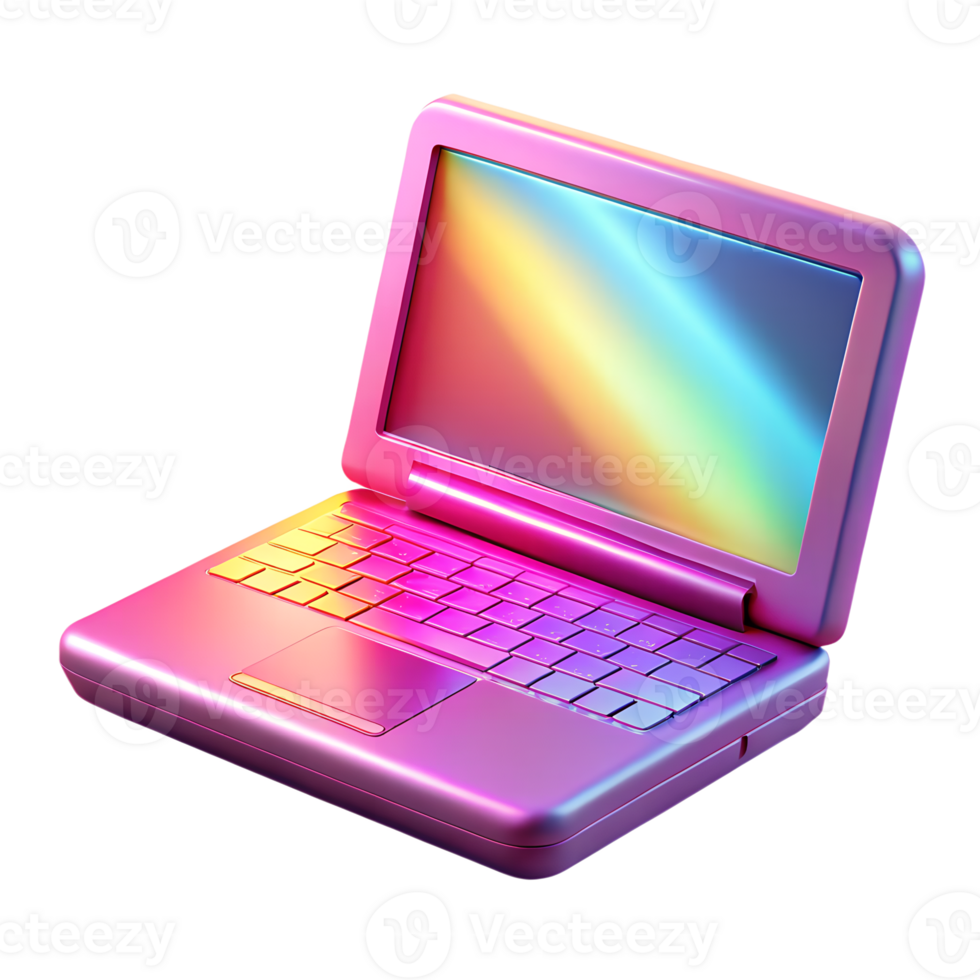 Stylish 3d rendered laptop with rainbow screen isolated, futuristic tech glow png