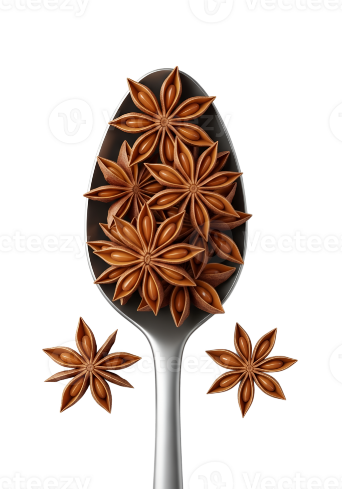Star anise spices on a spoon culinary ingredient closeup, aromatic whole pods isolated png