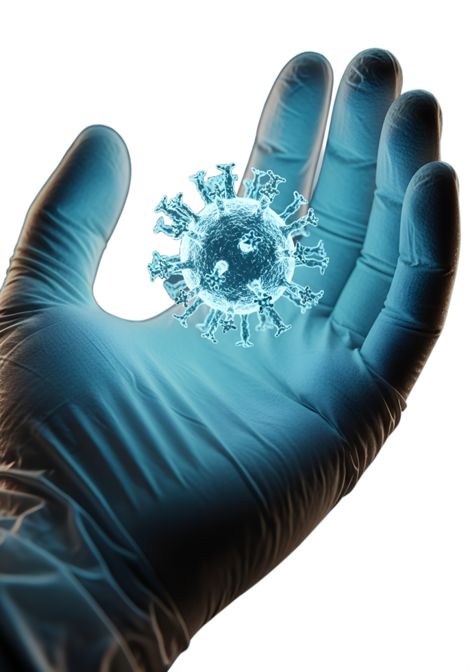 Virus in gloved doctor's hand isolated on transparent background, medical pathogen close-up png