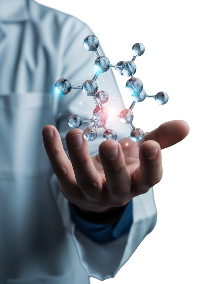 Scientist holding molecular structure in hand isolated on transparent background, chemistry research png