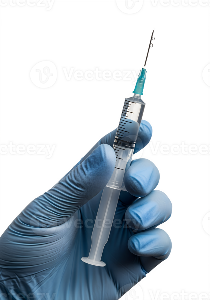 Gloved hand gripping syringe with liquid medicine, isolated, healthcare concept png