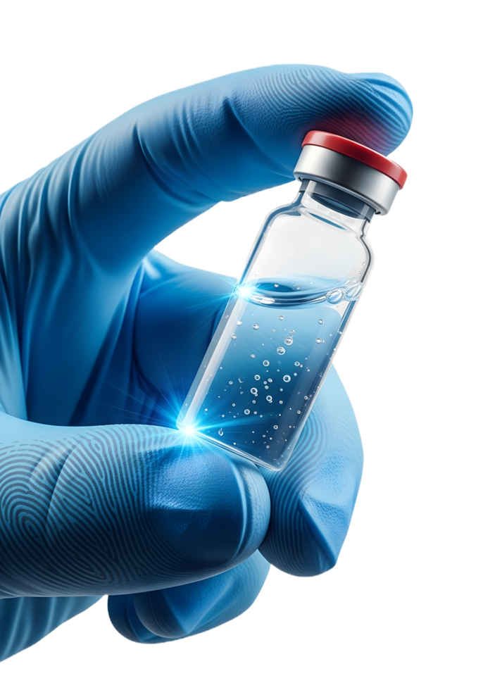 Gloved hand holding vial of vaccine for injection isolated on transparent background, immunization concept png