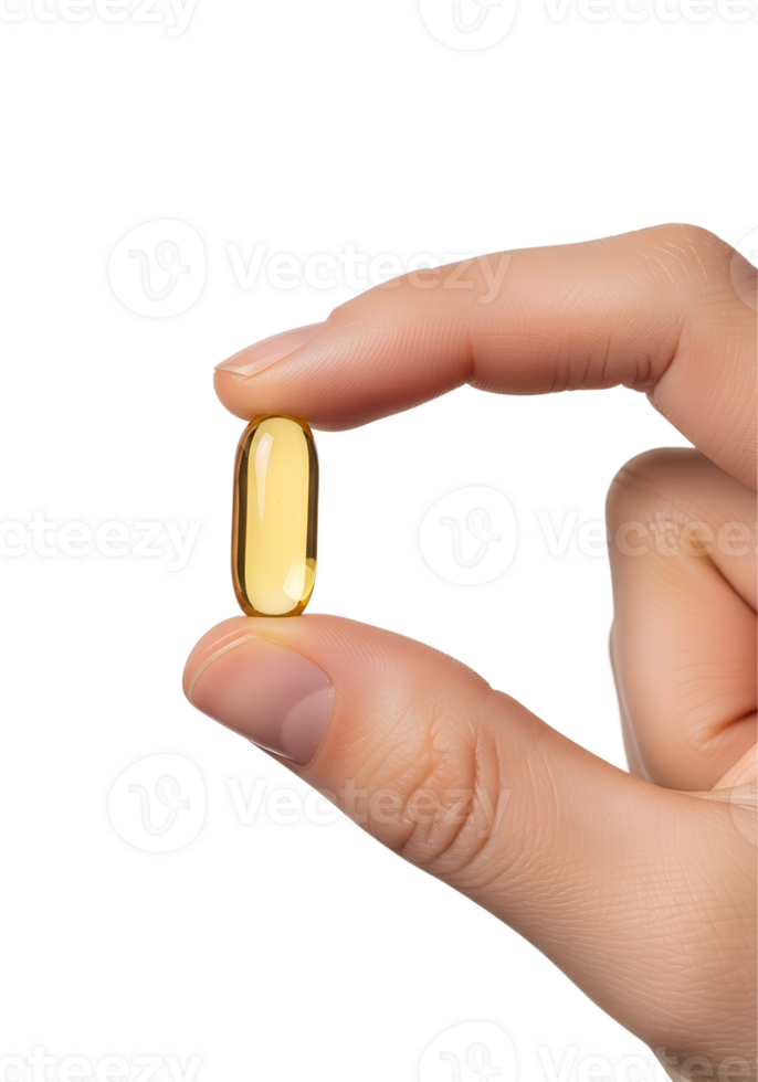 Hand holding omega-3 fish oil capsule isolated on transparent background, supplement close-up png