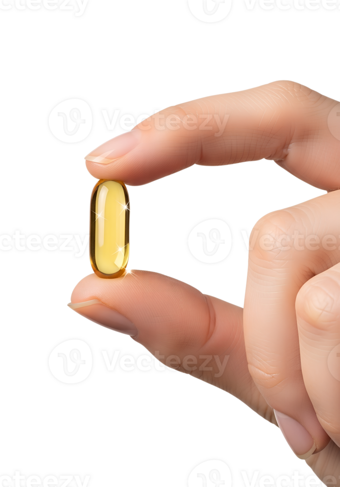 Hand presenting fish oil softgel, golden liquid visible inside, health product, dietary supplement png