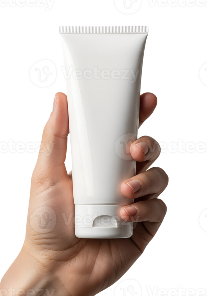 Cosmetic product tube held in hand, clean modern design, blank container for label design png