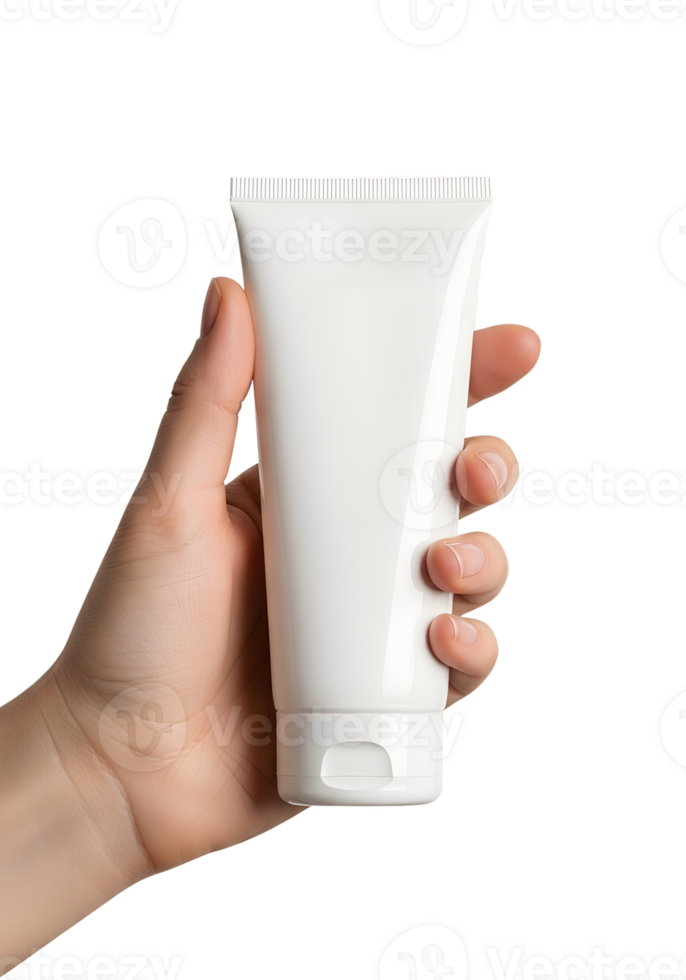 White beauty cream tube in hand, minimalist packaging design on transparent background png