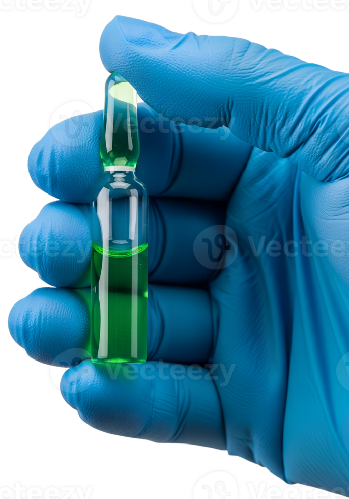 Scientist gripping ampoule with glowing green liquid isolated on transparent background, experimental drug or toxin png