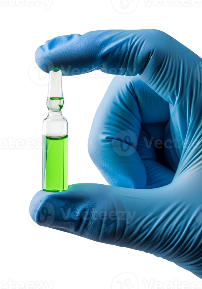 Hand holding ampoule with green liquid isolated on transparent background, chemical solution png