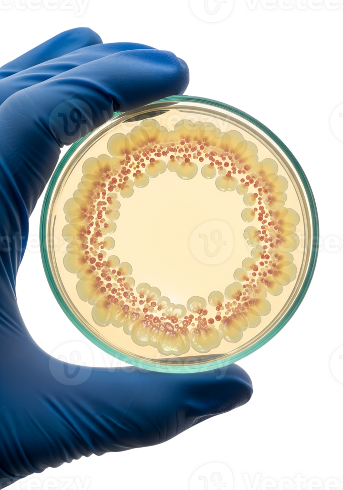Hand holding petri dish with bacterial colonies isolated on transparent background, microbiology research png