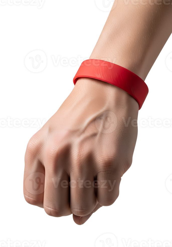 Wrist wearing thin red string bracelet isolated, boho style on transparent background png