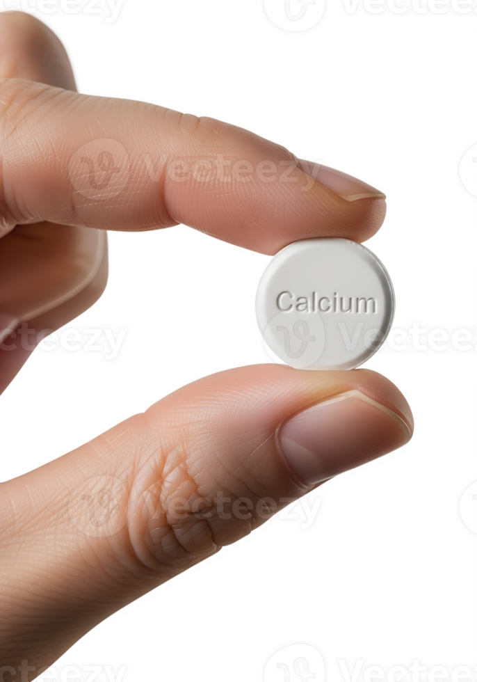 Hand holding calcium tablet isolated on transparent background, white supplement close-up png