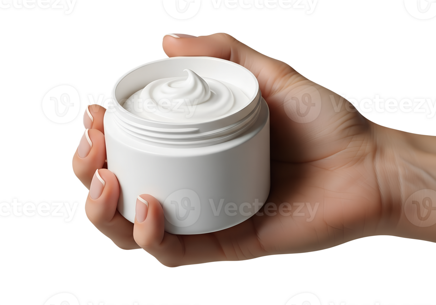 Hand holding jar of white cream for skincare isolated on transparent background, beauty product png