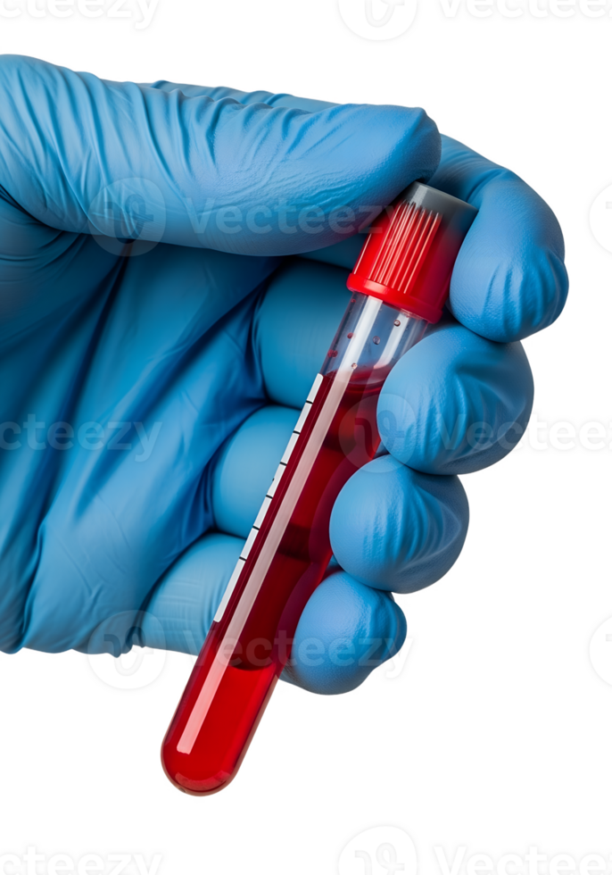 Blood sample in test tube held in hand isolated on transparent background, medical lab concept png