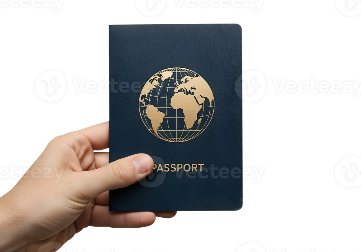 Blue passport in hand, global travel symbol with gold embossing, world map cover png