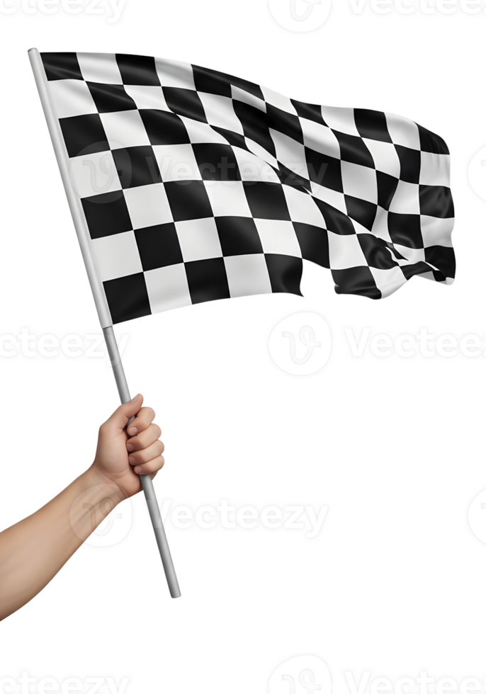 Black and white checkered flag in hand, racing victory symbol, isolated png