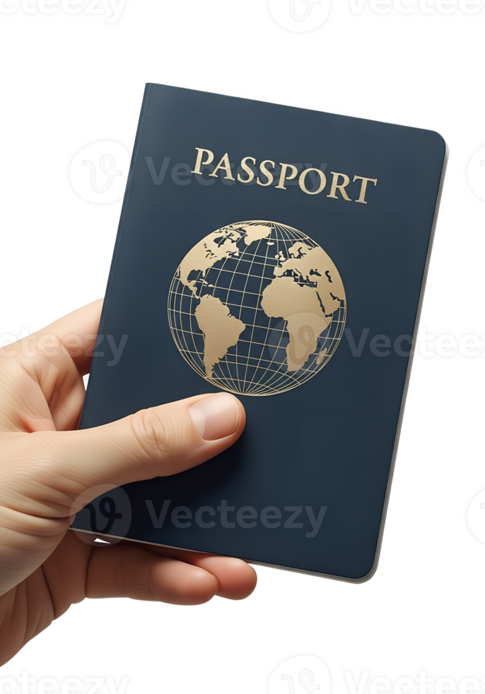 Hand holding blue passport with world map emblem, travel document isolated png