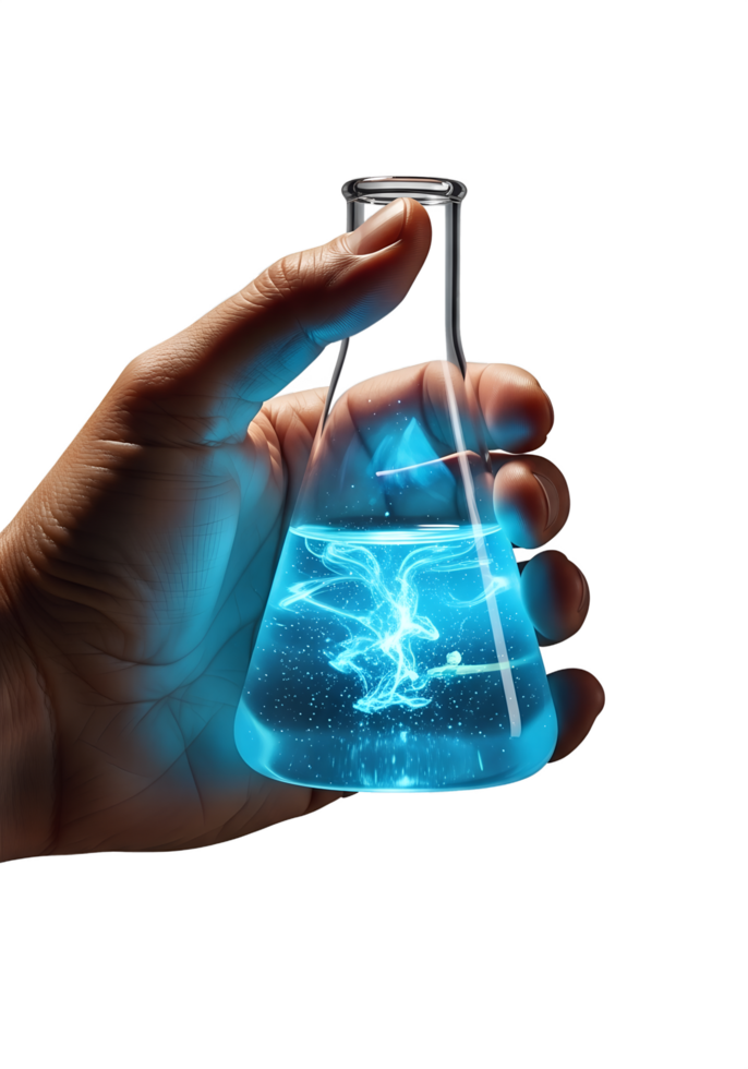 Researcher hand holding erlenmeyer flask with neon blue liquid isolated, chemical reaction png