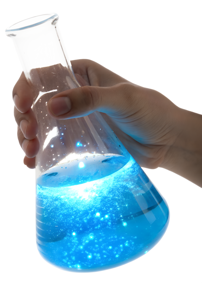 Hand holding flask with glowing blue liquid isolated on transparent background, sci-fi experiment png
