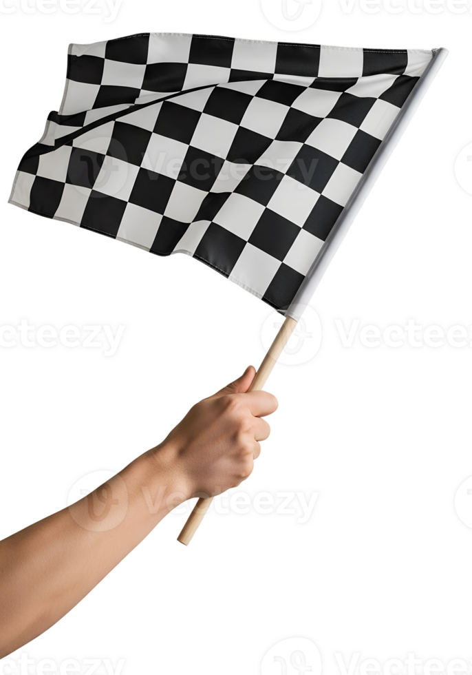 Hand holding checkered flag at race isolated on transparent background png
