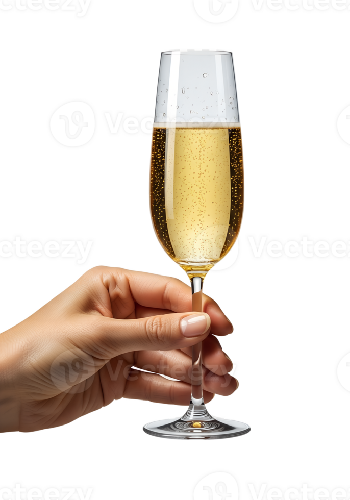 Hand holding champagne flute with sparkling bubbly drink, isolated on transparent background, celebration, toast, party, luxury, and festivity png
