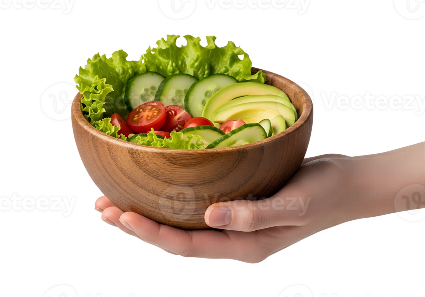 Hand holding wooden bowl of salad, organic ingredients and light dressing png