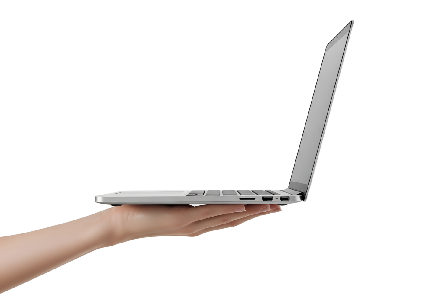 Laptop held in hand isolated on transparent background, sleek modern tech device png