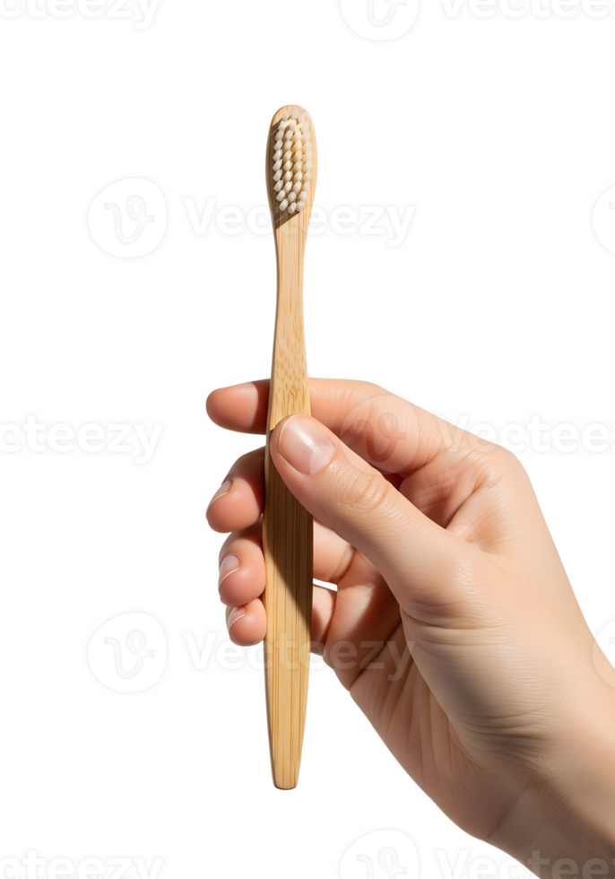 Sustainable bamboo toothbrush in hand, zero-waste lifestyle product mockup png