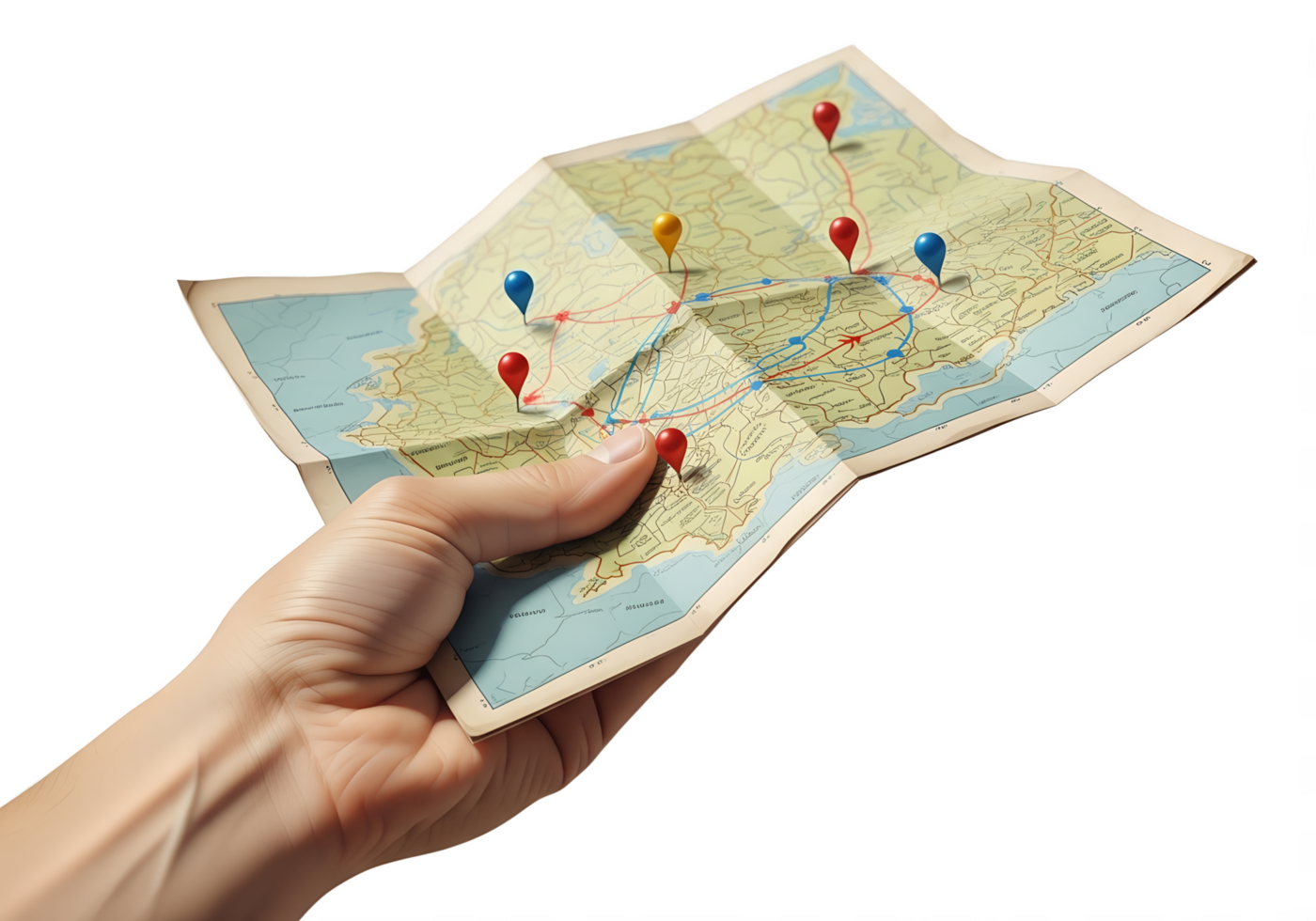 Vintage-style map with marked route and location pins, travel planning and navigation concept png