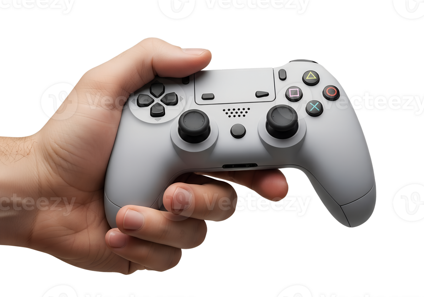 Hand holding game controller on transparent background, modern gaming device png