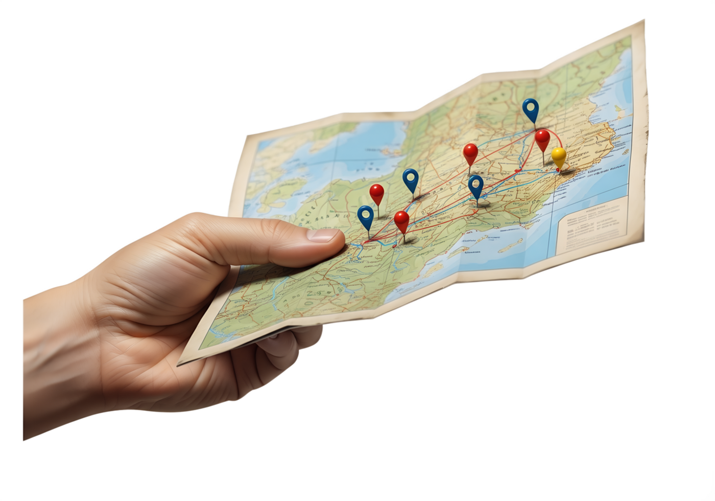 Hand holding folded map with marked route and location pins, isolated on transparent background, travel planning, navigation, adventure journey concept png