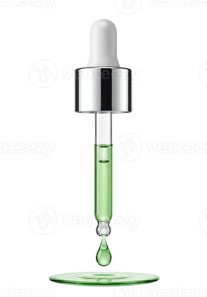 Cosmetic serum dropper with green liquid drop isolated, skincare product mockup png