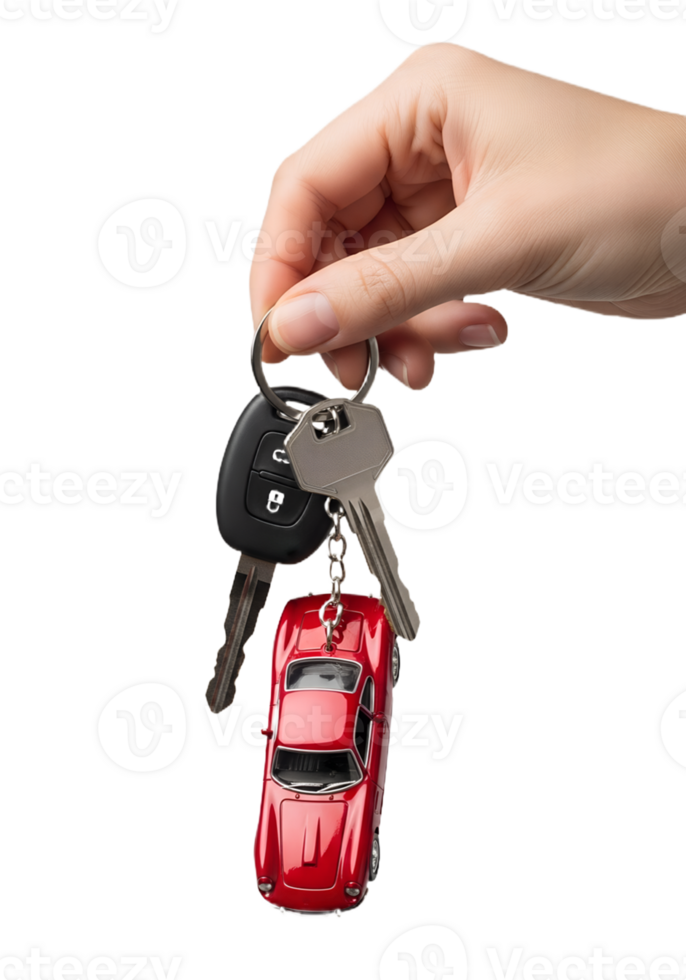 Hand holding car keys with red toy car isolated on transparent background, concept of ownership or investment metaphor png