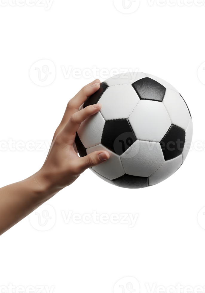 Hand holding soccer ball on transparent background, football isolated for sports designs png