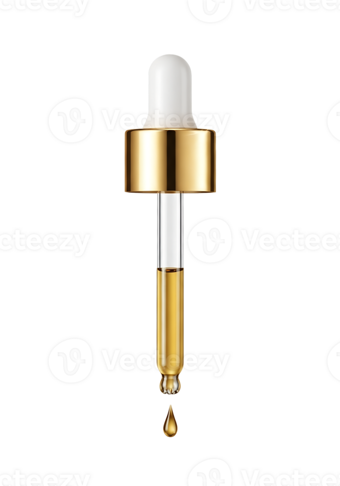 Glass dropper bottle with serum droplet, clear golden liquid falling, skincare routine essential png