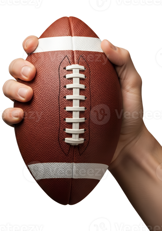 Hand holding brown leather american football isolated, realistic stitching and grip texture png