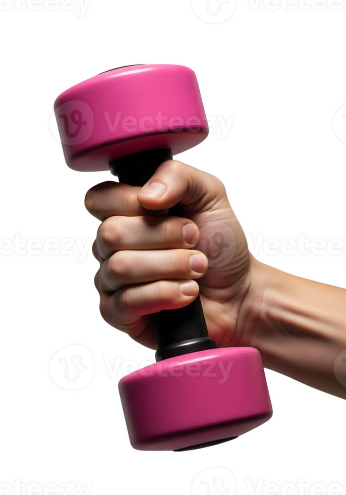 Hand holding pink dumbbell isolated on transparent background, women's fitness, home workout, strength training, gym equipment concept png