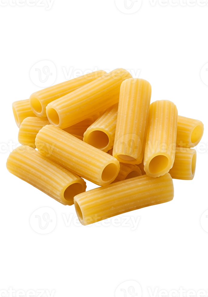 Close-up of uncooked rigatoni pasta on transparent background, italian food ingredient png