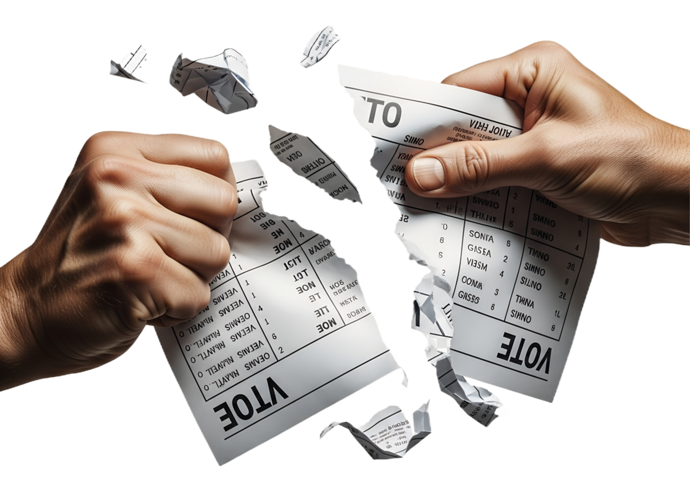 Ripped voting ballot in hands, election controversy, voter suppression, political frustration theme png