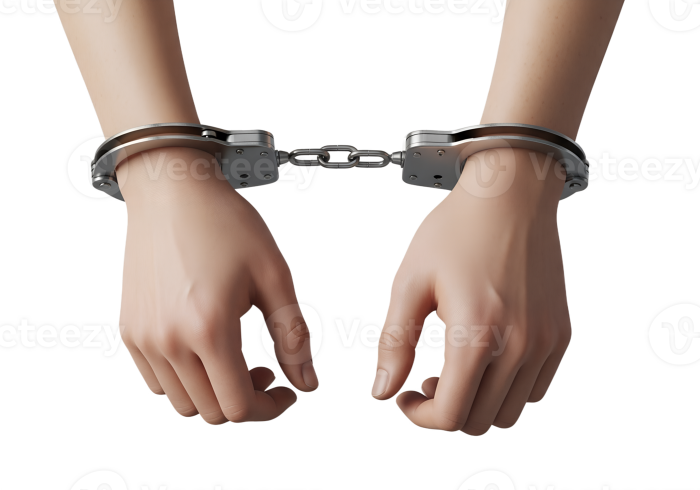Hands bound in metal handcuffs, isolated on transparent background, arrest, crime, law enforcement, justice system and police concept png