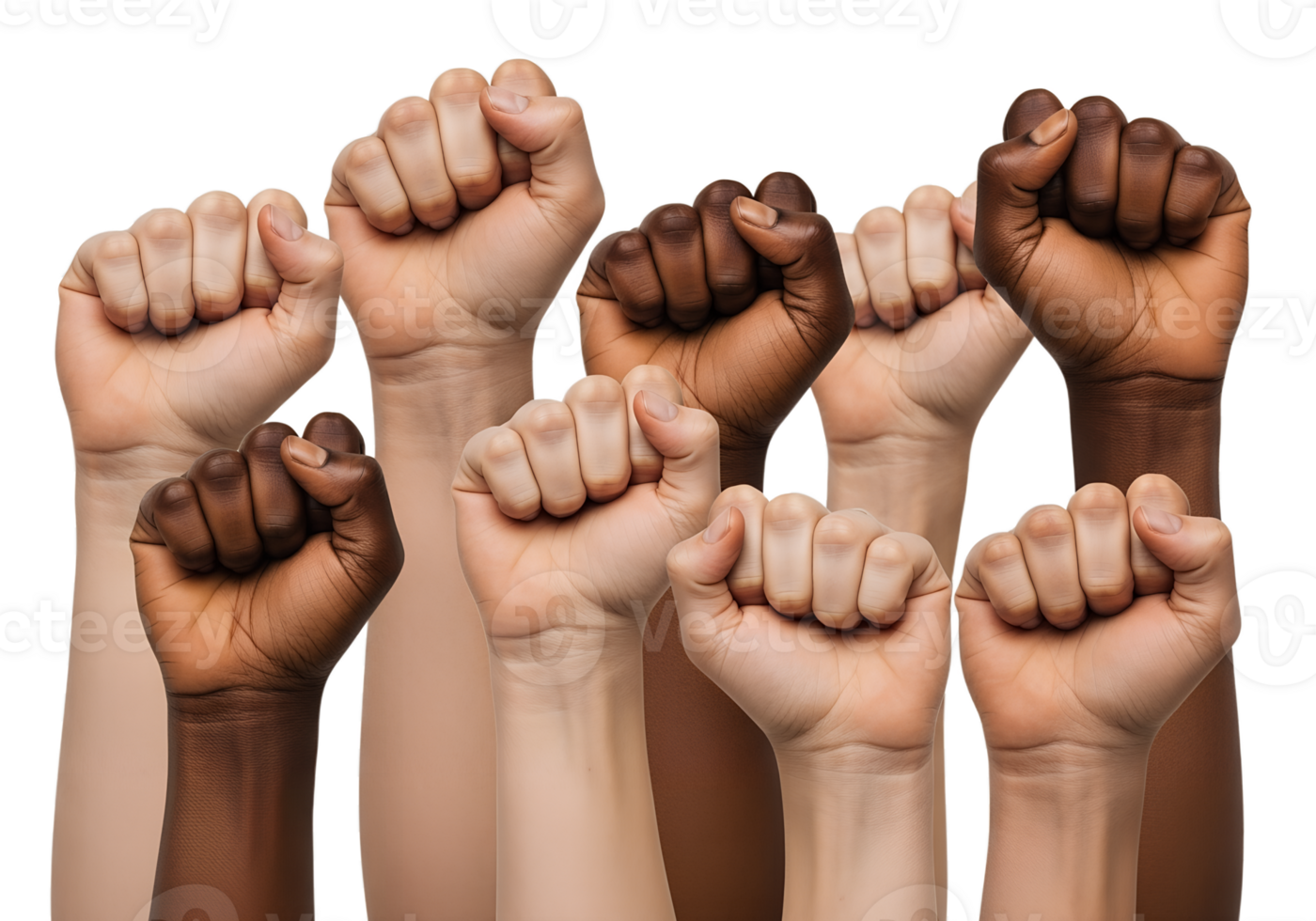 Multiracial hands clenched in fists, unity, resistance, community strength and human rights concept png