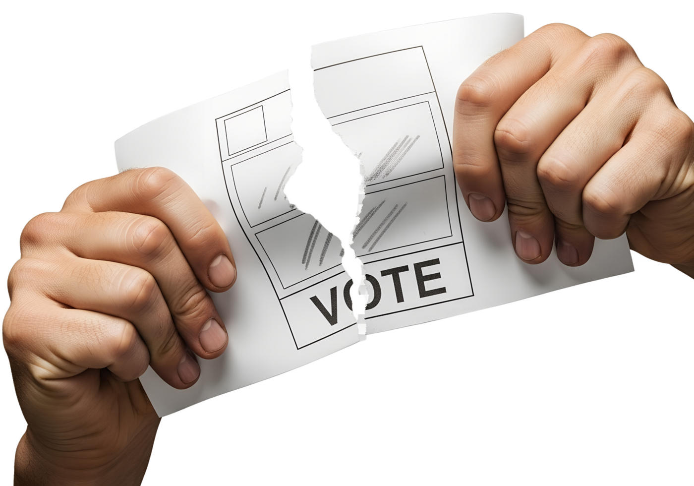 Hands tearing election ballot paper in protest, voting boycott, political dissent, democratic resistance concept png